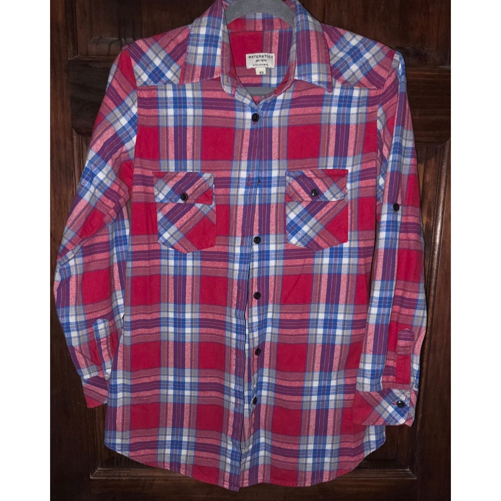 Matchstick XS Red Blue Plaid Flannel Shirt Long Sleeve Cotton Western Shirt